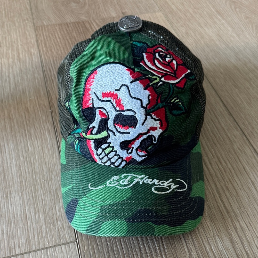 Ed Hardy Green Camouflage Skull Cap